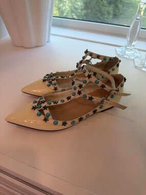 Valentino Garavani Cream Patent Pointed-Toe Studded Flats with Turquoise Accents
